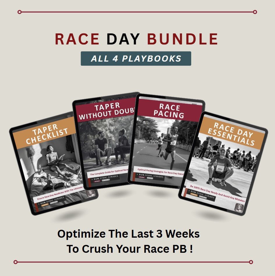 Race day preparation bundle with 4 marathon playbooks to optimize tapering, pacing, and performance during the final weeks before a race