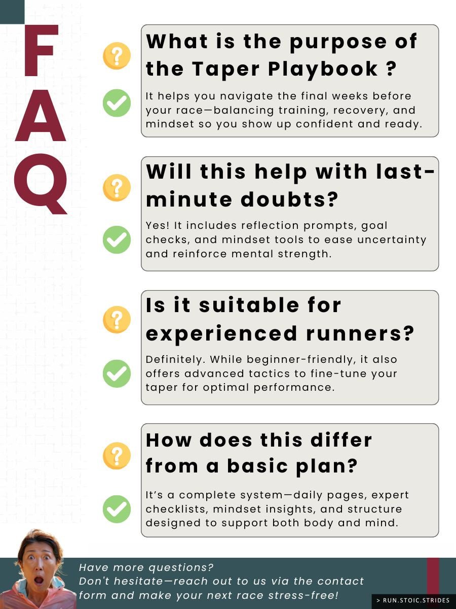 Taper FAQ page from marathon training ebook with answers on recovery, mindset, and taper strategy.