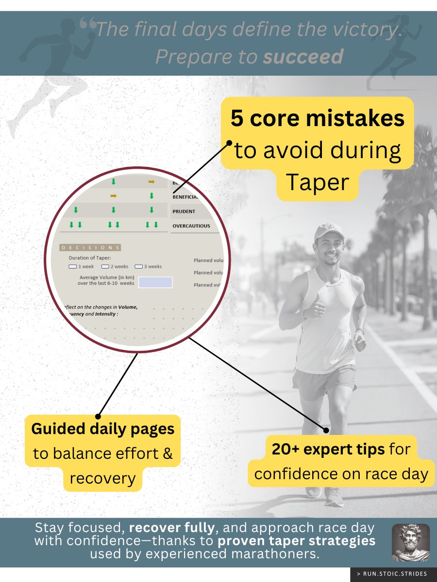 Taper guide cover image featuring expert tips, common mistakes to avoid, and guided daily pages—helping runners recover fully and build confidence before race day.