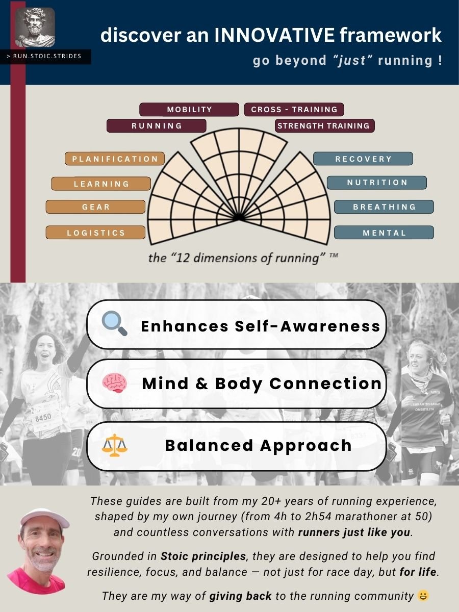 Visual overview of the 12 dimensions of running framework, highlighting holistic training, Stoic principles, and a balanced approach to marathon preparation