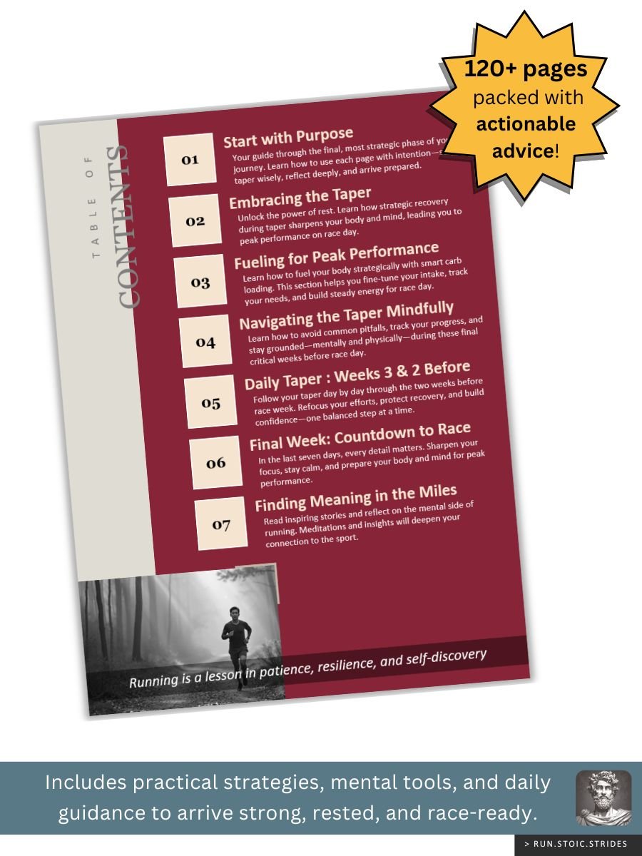 TOC of “Taper Without Doubt” ebook — 120+ pages of tapering guidance for marathon race readiness and confidence.