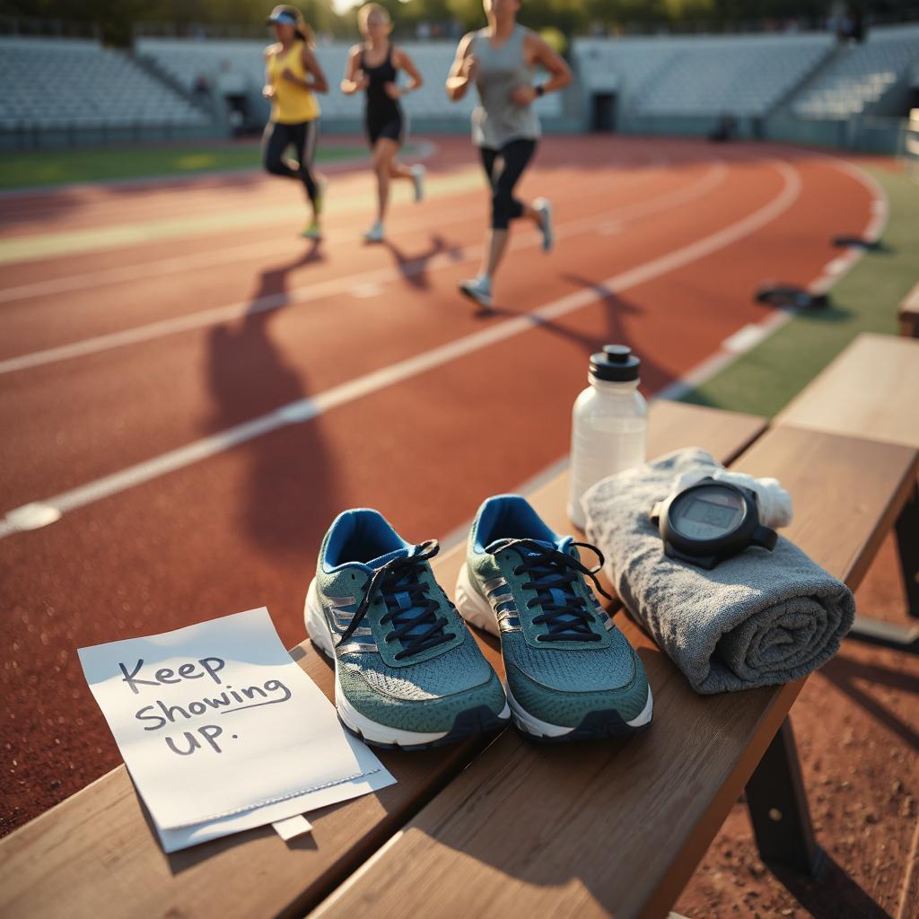 running shoes on a bench inside an athletics stadium while three runners train on the track.
